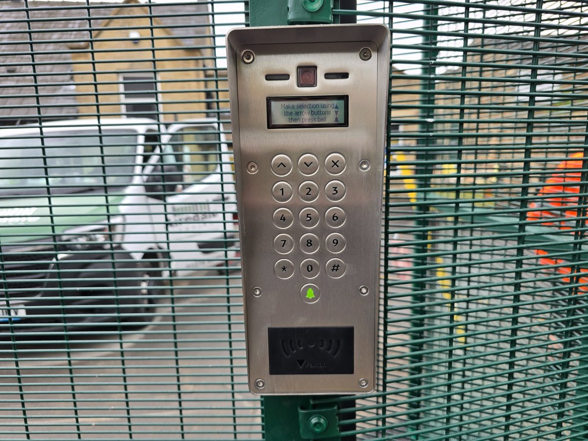 Paxton video intercom, keypad and proximity reader on a gate post